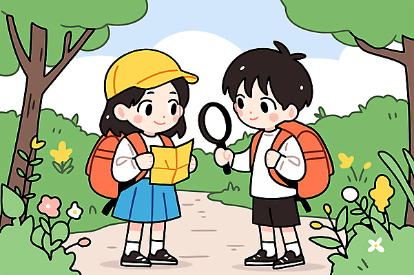 전신 나무 구름 여자 남자 꽃 어린이 지도 일러스트 배낭 하늘 돋보기 미소 들기 소녀 소년 두명 친구 풀 숲속 숲길 자연관찰 캡모자 어린이만 국내일러스트 AI파일 자연요소 식물 모자_잡화 길 가방 관계 모션 표정 사람 관찰 숲 파일형식 벡터