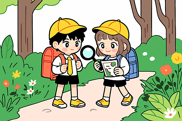 전신 나무 여자 남자 꽃 어린이 지도 일러스트 배낭 돋보기 미소 들기 소녀 소년 두명 친구 풀 숲속 숲길 자연관찰 캡모자 어린이만 국내일러스트 AI파일 식물 모자_잡화 길 가방 관계 모션 표정 사람 관찰 숲 파일형식 벡터