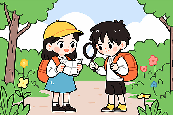 전신 나무 구름 여자 남자 꽃 어린이 지도 일러스트 배낭 하늘 돋보기 미소 들기 소녀 소년 두명 친구 풀 숲속 숲길 자연관찰 캡모자 어린이만 국내일러스트 AI파일 자연요소 식물 모자_잡화 길 가방 관계 모션 표정 사람 관찰 숲 파일형식 벡터