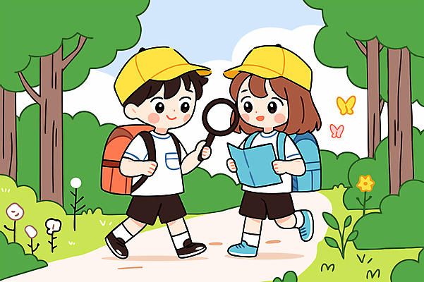 전신 나무 구름 여자 남자 꽃 어린이 나비 지도 일러스트 배낭 하늘 돋보기 미소 들기 소녀 소년 두명 친구 풀 숲속 숲길 자연관찰 캡모자 어린이만 국내일러스트 AI파일 자연요소 식물 모자_잡화 길 곤충 가방 관계 모션 표정 사람 관찰 숲 파일형식 벡터