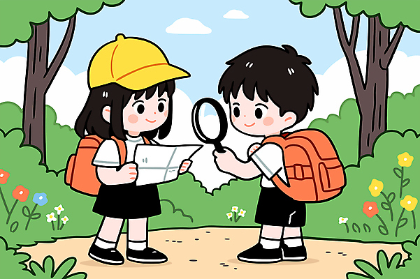 전신 나무 구름 여자 남자 꽃 어린이 지도 일러스트 배낭 하늘 돋보기 미소 들기 소녀 소년 두명 친구 풀 숲속 숲길 자연관찰 캡모자 어린이만 국내일러스트 AI파일 자연요소 식물 모자_잡화 길 가방 관계 모션 표정 사람 관찰 숲 파일형식 벡터