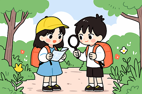 전신 나무 구름 여자 남자 꽃 어린이 지도 일러스트 배낭 하늘 돋보기 미소 들기 소녀 소년 두명 친구 풀 숲속 숲길 자연관찰 캡모자 어린이만 국내일러스트 AI파일 자연요소 식물 모자_잡화 길 가방 관계 모션 표정 사람 관찰 숲 파일형식 벡터