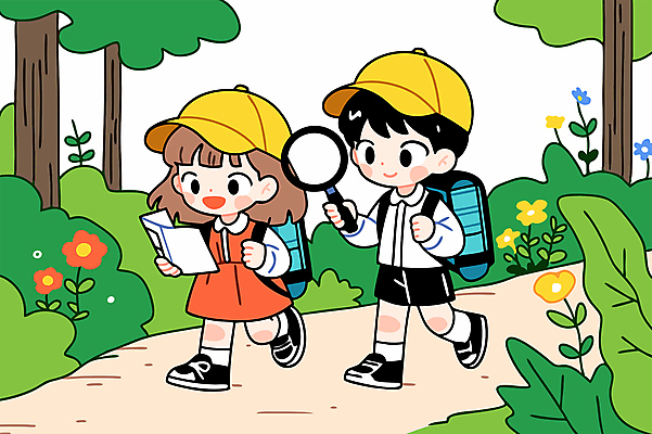 전신 나무 여자 남자 꽃 어린이 지도 일러스트 배낭 돋보기 미소 들기 소녀 소년 두명 친구 걷기 풀 숲속 숲길 자연관찰 캡모자 어린이만 국내일러스트 AI파일 식물 모자_잡화 길 가방 관계 모션 표정 사람 관찰 숲 파일형식 벡터