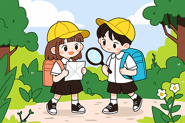 전신 나무 구름 여자 남자 꽃 어린이 지도 일러스트 배낭 하늘 돋보기 미소 들기 소녀 소년 두명 친구 풀 숲속 숲길 자연관찰 캡모자 어린이만 국내일러스트 AI파일 자연요소 식물 모자_잡화 길 가방 관계 모션 표정 사람 관찰 숲 파일형식 벡터