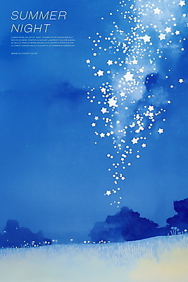 PSD 야경 일러스트 밤하늘 수채화 사람없음 파란색 반짝임 고요 풀잎 감성 은하수 별빛 여름밤 국내일러스트 별 컬러 컨셉 잎 모션 자연 하늘 여름 빛 풀_식물 야간 파일형식 풍경_경치