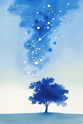 PSD 나무 야경 일러스트 밤하늘 수채화 한그루 사람없음 파란색 반짝임 고요 감성 은하수 별빛 여름밤 국내일러스트 식물 1 별 컬러 컨셉 모션 자연 하늘 여름 빛 야간 파일형식 풍경_경치