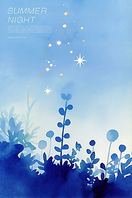 PSD 야경 일러스트 밤하늘 수채화 사람없음 파란색 반짝임 고요 들꽃 풀잎 감성 은하수 별빛 여름밤 국내일러스트 꽃 별 컬러 컨셉 잎 모션 자연 하늘 여름 빛 풀_식물 야간 파일형식 풍경_경치