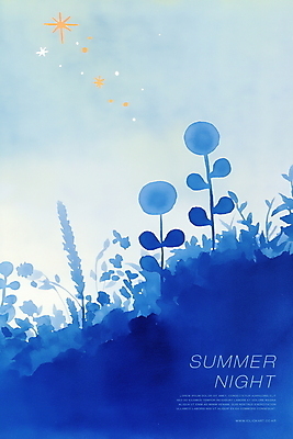 PSD 야경 일러스트 밤하늘 수채화 사람없음 파란색 반짝임 고요 들꽃 풀잎 감성 은하수 별빛 여름밤 국내일러스트 꽃 별 컬러 컨셉 잎 모션 자연 하늘 여름 빛 풀_식물 야간 파일형식 풍경_경치