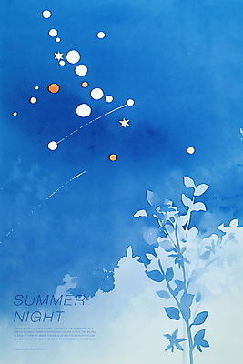 PSD 야경 일러스트 밤하늘 수채화 사람없음 파란색 반짝임 고요 별자리 풀잎 유성 감성 은하수 별빛 여름밤 국내일러스트 별 컬러 컨셉 잎 모션 자연 하늘 여름 빛 풀_식물 야간 파일형식 풍경_경치