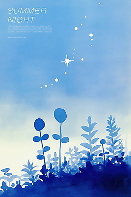 PSD 야경 일러스트 밤하늘 수채화 사람없음 파란색 반짝임 고요 들꽃 풀잎 감성 은하수 별빛 여름밤 국내일러스트 꽃 별 컬러 컨셉 잎 모션 자연 하늘 여름 빛 풀_식물 야간 파일형식 풍경_경치