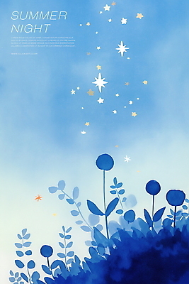 PSD 야경 일러스트 밤하늘 수채화 사람없음 파란색 반짝임 고요 들꽃 풀잎 감성 은하수 별빛 여름밤 국내일러스트 꽃 별 컬러 컨셉 잎 모션 자연 하늘 여름 빛 풀_식물 야간 파일형식 풍경_경치