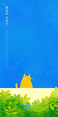 PSD 일러스트 하늘 휴식 나뭇잎 사람없음 파란색 담장 고양이 봄 국내일러스트 계절 컬러 컨셉 잎 포유류 반려동물 파일형식