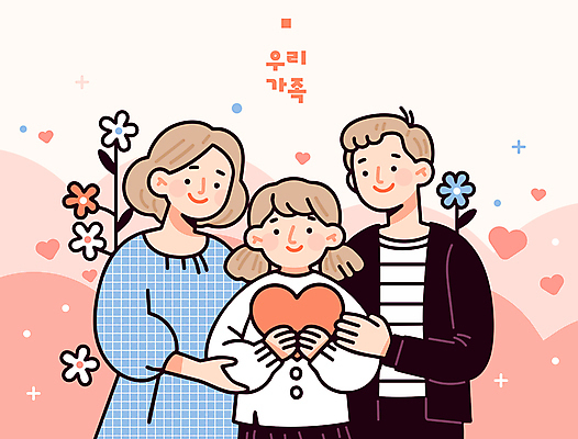 여자 남자 꽃 어린이 일러스트 가족 안기 따뜻함 사랑 들기 소녀 상반신 성인 세명 하트 어버이날 가정의달 다홍색 국내일러스트 AI파일 모양 식물 기념일 감정 컬러 관계 모션 사람 5월 파일형식 벡터