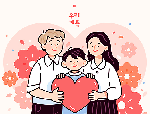 여자 남자 꽃 어린이 일러스트 가족 안기 따뜻함 사랑 들기 소년 상반신 성인 세명 하트 어버이날 가정의달 다홍색 국내일러스트 AI파일 모양 식물 기념일 감정 컬러 관계 모션 사람 5월 파일형식 벡터