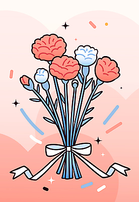 리본 꽃다발 일러스트 사람없음 반짝임 어버이날 카네이션 꽃봉오리 꽃가루 가정의달 코랄 국내일러스트 AI파일 기념일 꽃 컬러 모션 5월 가루 파일형식 벡터