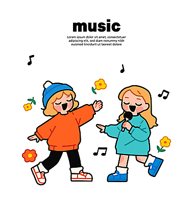 전신 여자 꽃 어린이 음표 일러스트 노래 미소 들기 소녀 두명 눈감음 춤 마이크 비니 소녀만 국내일러스트 일러캐릭터 AI파일 식물 캐릭터 모자_잡화 기호 음악 음향기기 모션 문화예술 표정 사람 여자만 어린이만 파일형식 벡터