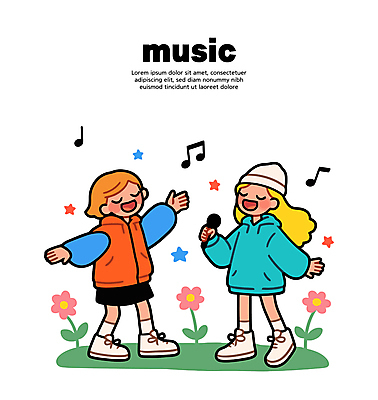 전신 여자 꽃 별 어린이 음표 일러스트 노래 미소 들기 소녀 두명 눈감음 춤 마이크 비니 소녀만 국내일러스트 일러캐릭터 AI파일 자연요소 식물 캐릭터 모자_잡화 기호 음악 음향기기 모션 문화예술 표정 사람 여자만 어린이만 파일형식 벡터