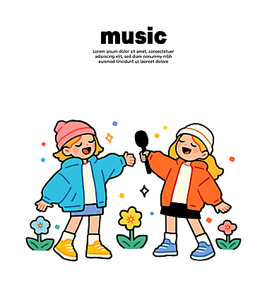 전신 여자 꽃 어린이 음표 일러스트 노래 미소 들기 소녀 두명 반짝임 눈감음 마이크 비니 소녀만 국내일러스트 일러캐릭터 AI파일 식물 캐릭터 모자_잡화 기호 음악 음향기기 모션 표정 사람 여자만 어린이만 파일형식 벡터