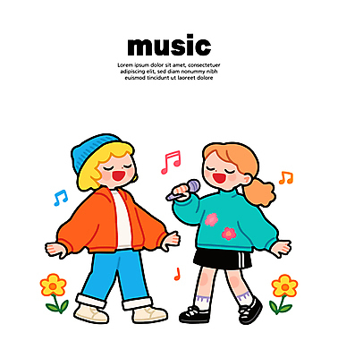 전신 여자 꽃 어린이 음표 일러스트 노래 미소 들기 소녀 두명 눈감음 춤 마이크 비니 소녀만 국내일러스트 일러캐릭터 AI파일 식물 캐릭터 모자_잡화 기호 음악 음향기기 모션 문화예술 표정 사람 여자만 어린이만 파일형식 벡터