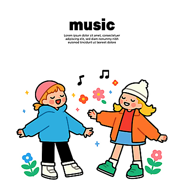 전신 여자 꽃 어린이 음표 일러스트 노래 미소 소녀 두명 반짝임 눈감음 춤 비니 소녀만 국내일러스트 일러캐릭터 AI파일 식물 캐릭터 모자_잡화 기호 음악 모션 문화예술 표정 사람 여자만 어린이만 파일형식 벡터