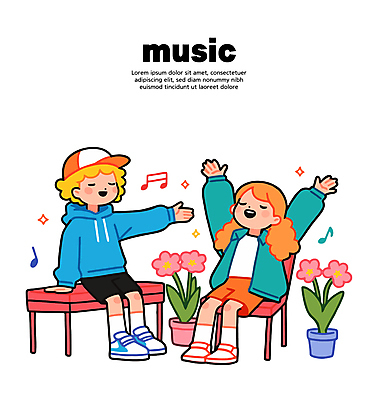 전신 여자 남자 꽃 화분 어린이 의자 음표 일러스트 노래 미소 앉기 소녀 소년 두명 반짝임 손들기 눈감음 캡모자 어린이만 국내일러스트 일러캐릭터 AI파일 식물 캐릭터 모자_잡화 기호 음악 가구 모션 표정 사람 파일형식 벡터