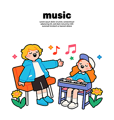 전신 여자 남자 꽃 어린이 음표 일러스트 노래 미소 앉기 소녀 소년 두명 반짝임 눈감음 피아노 어린이만 국내일러스트 일러캐릭터 AI파일 식물 캐릭터 기호 음악 모션 표정 사람 건반악기 파일형식 벡터