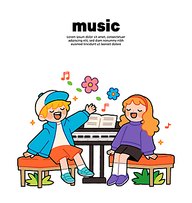 전신 여자 남자 꽃 어린이 의자 음표 일러스트 노래 미소 앉기 소녀 소년 두명 반짝임 눈감음 머리띠 풀 피아노 악보 캡모자 어린이만 국내일러스트 일러캐릭터 AI파일 식물 캐릭터 모자_잡화 기호 음악 가구 장신구 모션 표정 사람 건반악기 파일형식 벡터