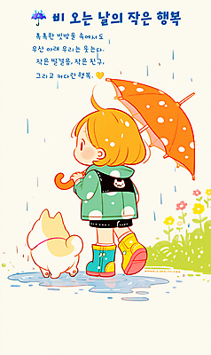 전신 PSD 여자 꽃 행복 어린이 일러스트 우산 장화 한명 들기 소녀 평화 걷기 귀여움 산책 풀잎 비 강아지 소녀한명만 국내일러스트 자연요소 식물 1 감정 신발 컨셉 잎 모션 날씨 휴식 사람 반려동물 풀_식물 개 여자한명만 소녀만 파일형식