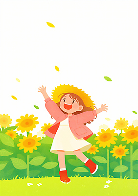 JPG 전신 모자 여자 꽃잎 행복 어린이 일러스트 해바라기 한명 웃음 소녀 잔디 손들기 봄 풀잎 소녀한명만 국내일러스트 AI일러스트 AI콘텐츠 식물 1 잡화 계절 꽃 감정 잎 모션 표정 사람 풀_식물 여자한명만 소녀만 파일형식