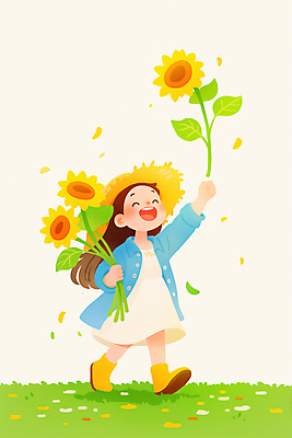 JPG 전신 모자 여자 꽃잎 행복 어린이 일러스트 해바라기 한명 웃음 들기 소녀 잔디 봄 풀잎 소녀한명만 국내일러스트 AI일러스트 AI콘텐츠 식물 1 잡화 계절 꽃 감정 잎 모션 표정 사람 풀_식물 여자한명만 소녀만 파일형식