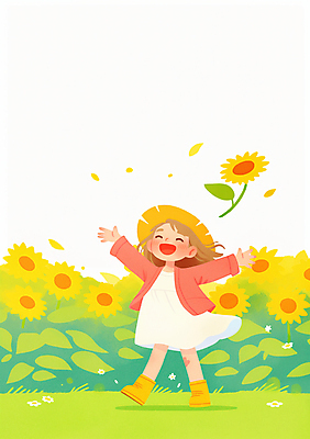 JPG 전신 모자 여자 꽃잎 행복 어린이 일러스트 해바라기 한명 웃음 소녀 잔디 손들기 봄 풀잎 소녀한명만 국내일러스트 AI일러스트 AI콘텐츠 식물 1 잡화 계절 꽃 감정 잎 모션 표정 사람 풀_식물 여자한명만 소녀만 파일형식