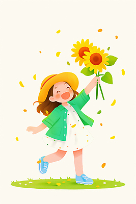 JPG 전신 모자 여자 꽃잎 행복 어린이 일러스트 해바라기 한명 웃음 들기 소녀 잔디 봄 풀잎 소녀한명만 국내일러스트 AI일러스트 AI콘텐츠 식물 1 잡화 계절 꽃 감정 잎 모션 표정 사람 풀_식물 여자한명만 소녀만 파일형식