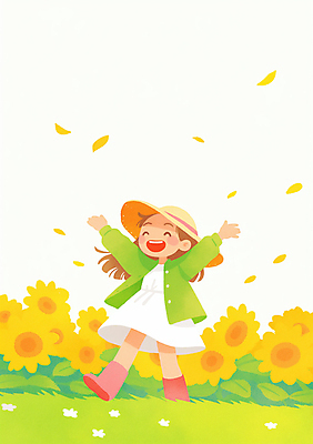 JPG 전신 모자 여자 꽃잎 행복 어린이 일러스트 해바라기 한명 웃음 소녀 잔디 손들기 봄 풀잎 소녀한명만 국내일러스트 AI일러스트 AI콘텐츠 식물 1 잡화 계절 꽃 감정 잎 모션 표정 사람 풀_식물 여자한명만 소녀만 파일형식