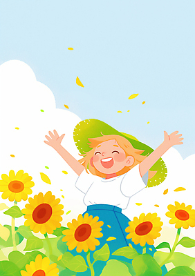 JPG 구름 모자 여자 꽃잎 행복 어린이 일러스트 하늘 해바라기 한명 웃음 소녀 손들기 봄 풀잎 소녀한명만 국내일러스트 AI일러스트 AI콘텐츠 자연요소 1 잡화 계절 꽃 감정 잎 모션 표정 사람 풀_식물 여자한명만 소녀만 파일형식