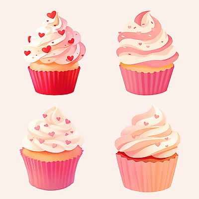 PSD 기념일 분홍색 스티커 일러스트 사람없음 세트 하트 컵케이크 국내일러스트 모양 컬러 이벤트 케이크 파일형식