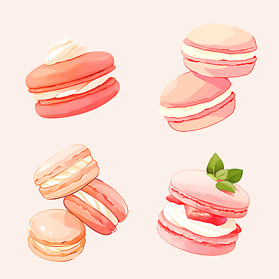 PSD 기념일 분홍색 스티커 잎 일러스트 사람없음 세트 하트 마카롱 국내일러스트 모양 식물 컬러 디저트 이벤트 파일형식