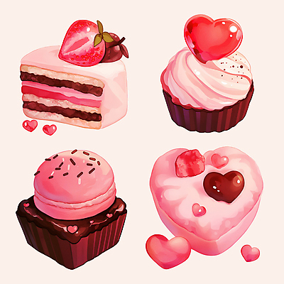 PSD 기념일 분홍색 스티커 일러스트 사람없음 세트 초콜릿 하트 컵케이크 마카롱 딸기케이크 스프링클 국내일러스트 모양 컬러 딸기 디저트 이벤트 장식 케이크 파일형식