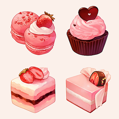 PSD 기념일 분홍색 스티커 일러스트 사람없음 세트 초콜릿 하트 컵케이크 마카롱 딸기케이크 스프링클 국내일러스트 모양 컬러 딸기 디저트 이벤트 장식 케이크 파일형식
