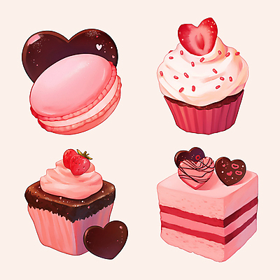 PSD 기념일 분홍색 스티커 일러스트 사람없음 세트 초콜릿 하트 컵케이크 마카롱 딸기케이크 스프링클 국내일러스트 모양 컬러 딸기 디저트 이벤트 장식 케이크 파일형식