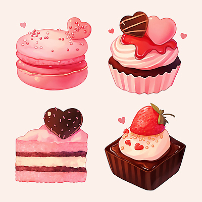 PSD 기념일 분홍색 스티커 일러스트 딸기 사람없음 세트 초콜릿 하트 컵케이크 마카롱 국내일러스트 모양 컬러 과일 디저트 이벤트 케이크 파일형식