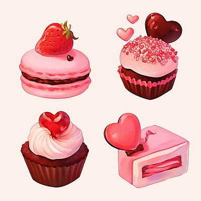 PSD 기념일 분홍색 스티커 일러스트 딸기 사람없음 세트 초콜릿 하트 컵케이크 마카롱 국내일러스트 모양 컬러 과일 디저트 이벤트 케이크 파일형식
