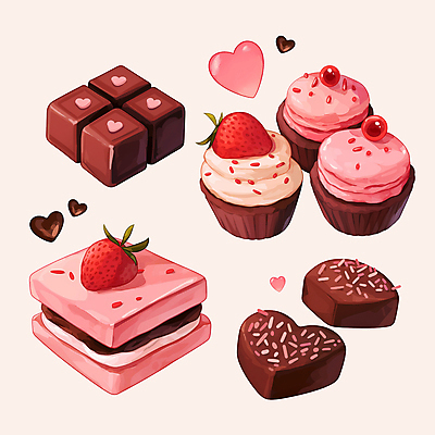 PSD 기념일 분홍색 스티커 일러스트 딸기 사람없음 세트 초콜릿 하트 컵케이크 샌드쿠키 국내일러스트 모양 컬러 과일 디저트 이벤트 쿠키 케이크 파일형식
