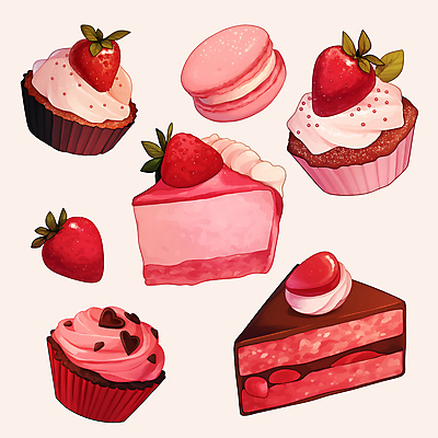 PSD 기념일 분홍색 스티커 일러스트 사람없음 세트 하트 컵케이크 초코케이크 마카롱 딸기케이크 초콜릿머핀 국내일러스트 모양 컬러 딸기 디저트 이벤트 케이크 머핀 파일형식