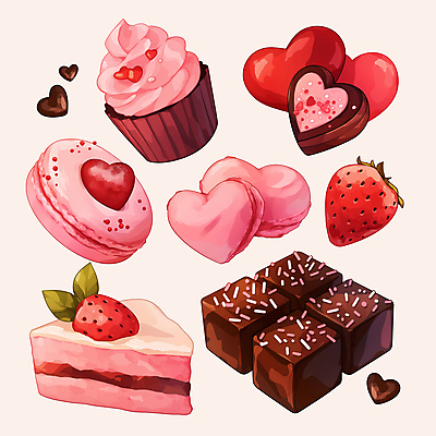 PSD 기념일 분홍색 스티커 일러스트 딸기 사람없음 세트 초콜릿 하트 도넛 컵케이크 마카롱 딸기케이크 국내일러스트 모양 컬러 과일 디저트 이벤트 케이크 파일형식