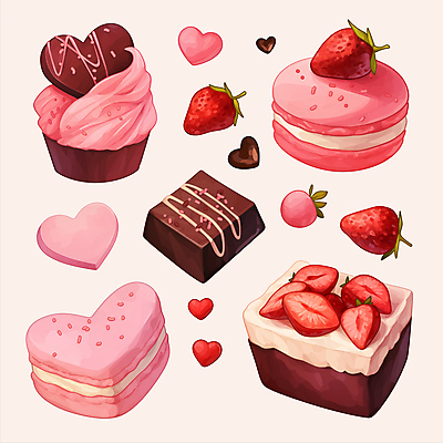 PSD 기념일 분홍색 스티커 일러스트 딸기 사람없음 세트 초콜릿 하트 컵케이크 초코케이크 마카롱 국내일러스트 모양 컬러 과일 디저트 이벤트 케이크 파일형식