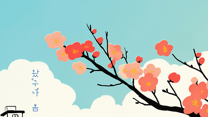 PSD 구름 하늘색 일러스트 봄꽃 하늘 사람없음 나뭇가지 매화 산뜻 코랄 국내일러스트 자연요소 나무 꽃 컬러 컨셉 파란색 봄 파일형식