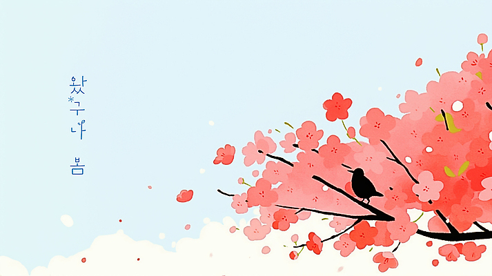 PSD 분홍색 하늘색 일러스트 봄꽃 조류 하늘 사람없음 벚나무 산뜻 국내일러스트 나무 동물 꽃 컬러 컨셉 파란색 봄 벚꽃 파일형식