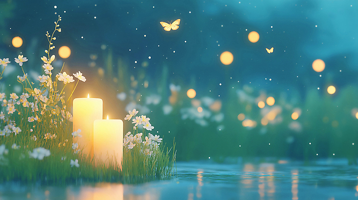 JPG 편집이미지 꽃 나비 촛불 사람없음 평화 풀 수면 야간 보케 힐링 편집실사 AI포토 AI콘텐츠 자연요소 식물 곤충 컨셉 초 물 CG 파일형식