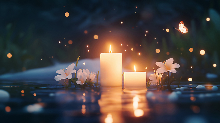 JPG 편집이미지 꽃 나비 촛불 사람없음 평화 풀 수면 야간 보케 힐링 편집실사 AI포토 AI콘텐츠 자연요소 식물 곤충 컨셉 초 물 CG 파일형식