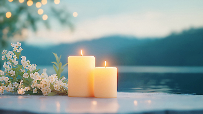 JPG 편집이미지 꽃 촛불 산 사람없음 평화 풀 수면 보케 힐링 편집실사 AI포토 AI콘텐츠 식물 컨셉 초 물 CG 파일형식